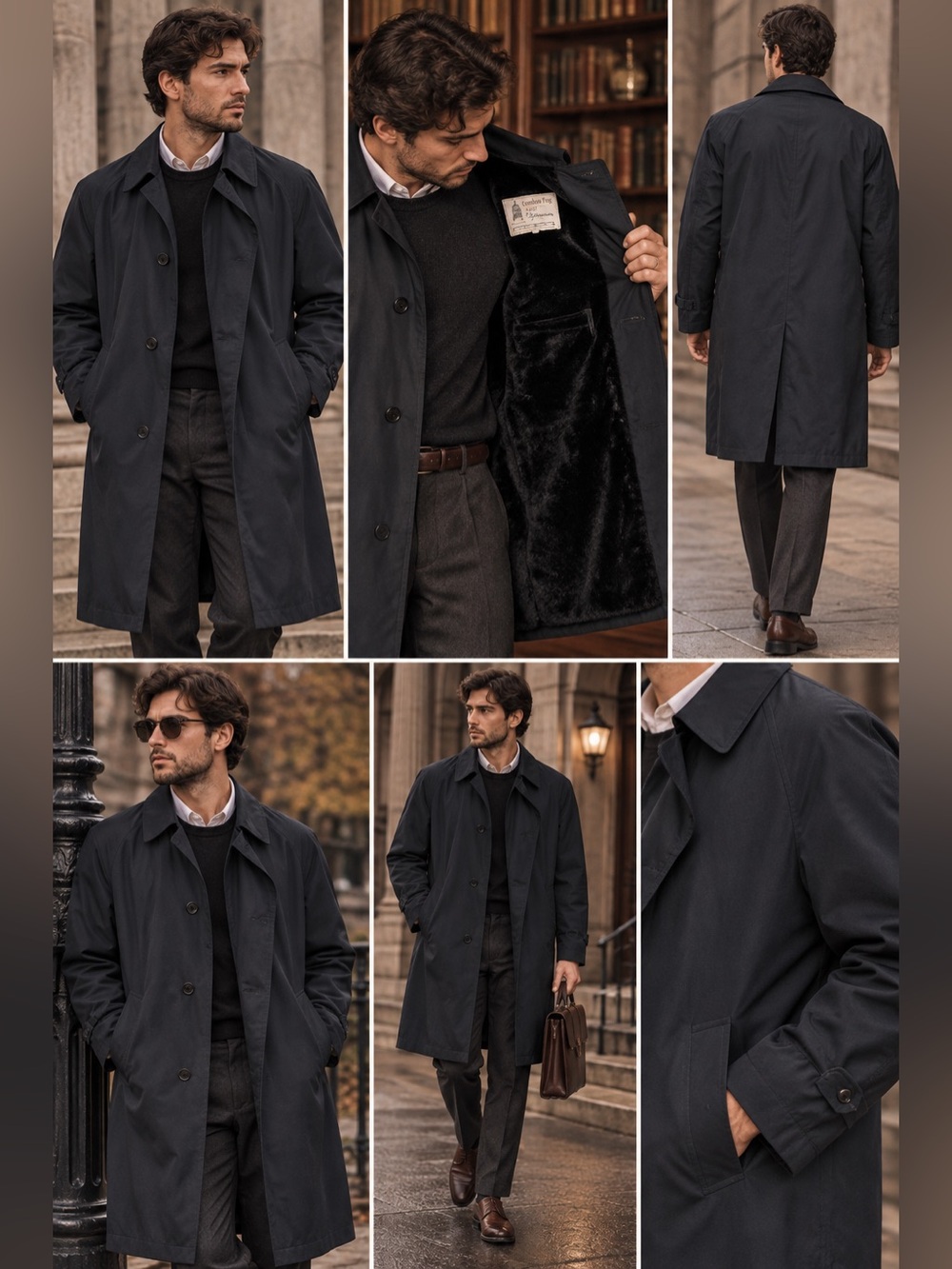 VNTG London Fog Black Trench Coat Faux Fur Plush Lining Dark Academia Mens 38S
